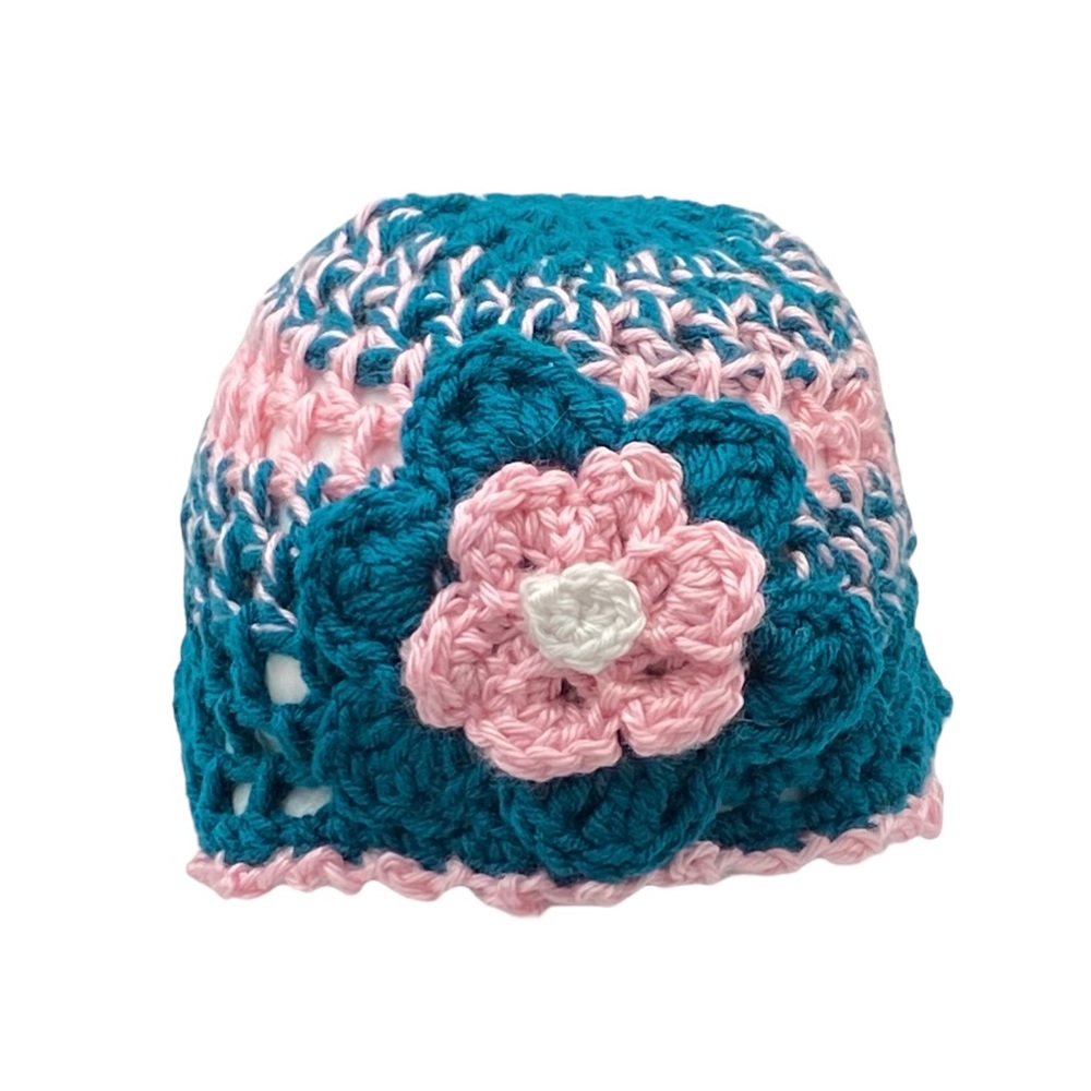 Girl's Hand-Crocheted Teal and Pink Flower Beanie